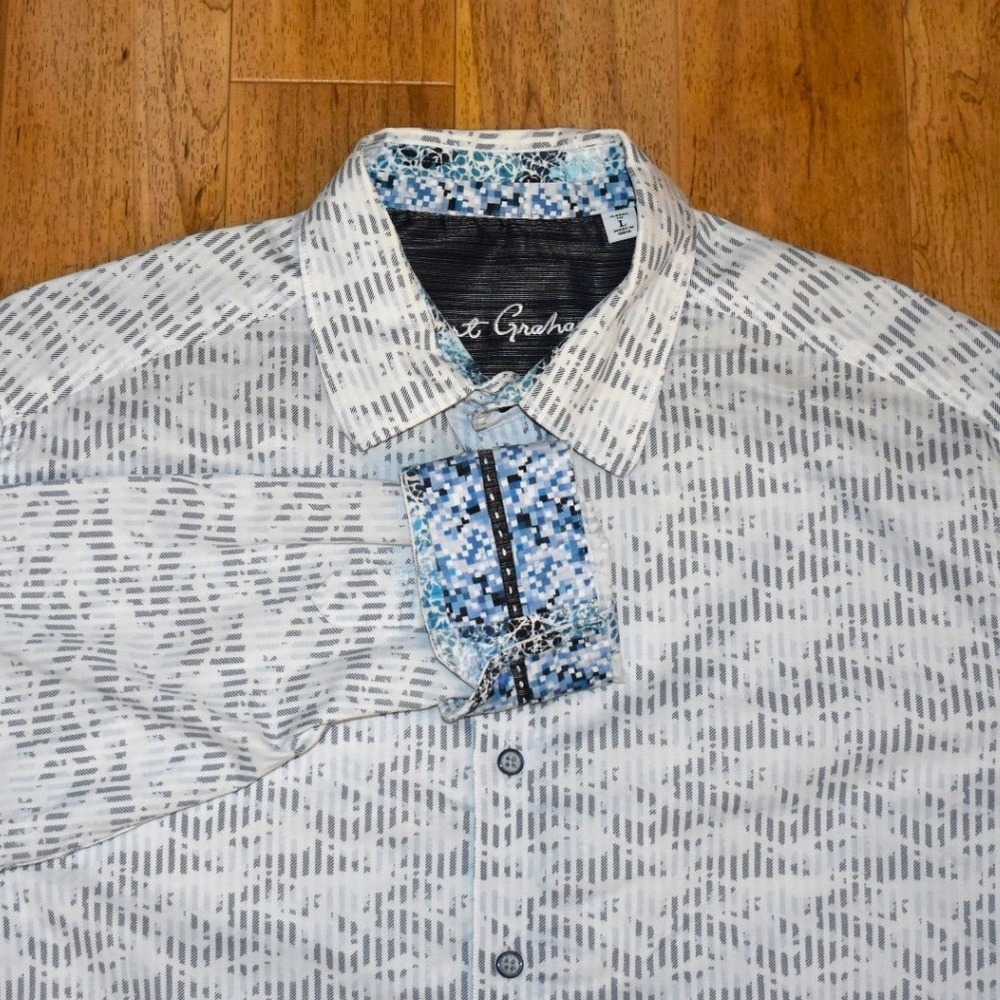Robert Graham Button Down Shirt Mens Large White Blue Classic Fit Print